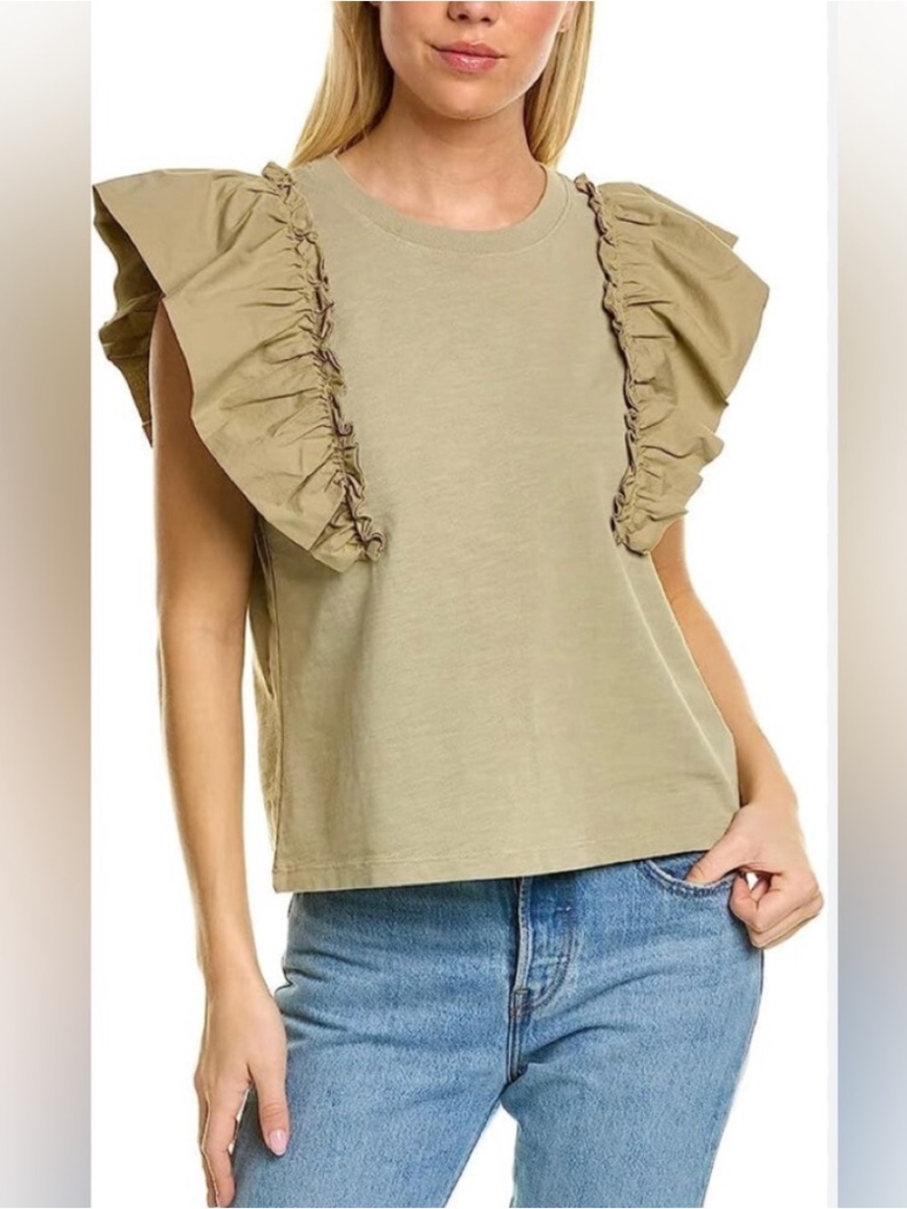 Nation LTD Para Boxy Tee Safari Ruffle Green Top